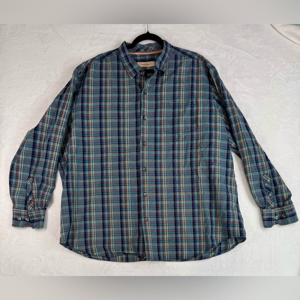 Tommy Bahama blue and orange plaid button-down shirt Silk blend Size XXL